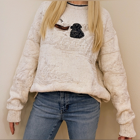Vintage Sweaters - Vintage Embroidered Black Lab & Canoe Textured Chunky Crewneck Sweater In Ivory